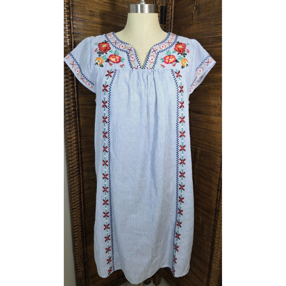 THML Blue/White Striped Short Sleeve Multicolor Embroidered Mini Dress Size L